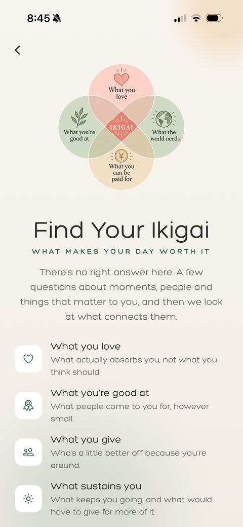 Saati app: the Find Your Ikigai start screen with the four circles