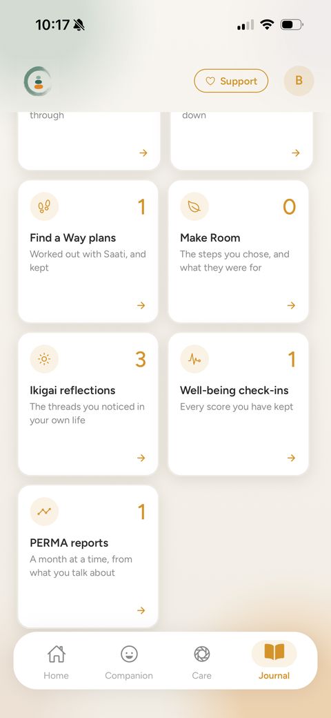 Saati app Journal tiles: Find a Way plans, Make Room steps, Ikigai reflections, well-being check-ins and PERMA reports