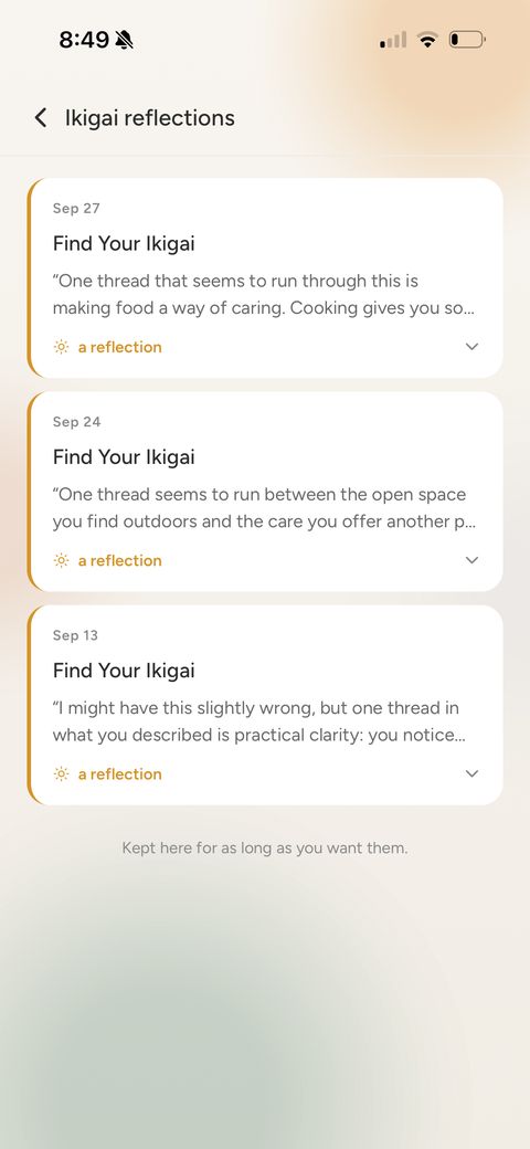 Saati app: a list of saved Ikigai reflections, each with the thread Saati noticed