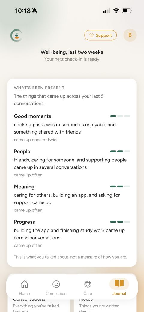 Saati app: What's been present, showing good moments, people, meaning and progress that came up across recent conversations